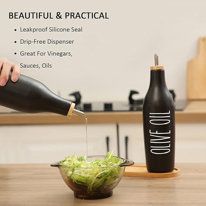 HOMCDALY Ceramic Olive Oil Dispenser for Kitchen, Stoneware 16oz Oil Cruet and Vinegar Bottles Dispenser, Kitchen Dispenser Bottle for EVOO Vinegar Syrups, Modern Farmhouse Design(B-O)