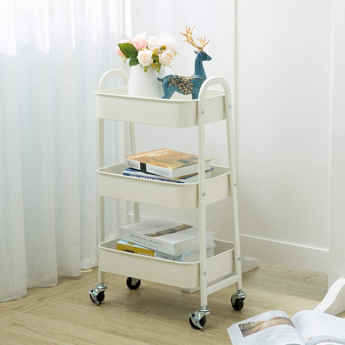 AGTEK Makeup Cart, Movable Rolling Organizer Cart, White 3 Tier Metal Utility Cart