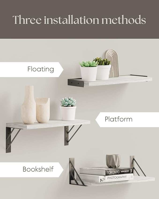 BAYKA Wall Shelves for Bedroom Decor, Floating Wall Shelves for Living Room Kitchen Storage, Wall Mounted Rustic Wood Floating Shelves for Kids Books,Corner Shelves for Bathroom(White，Set of 3)