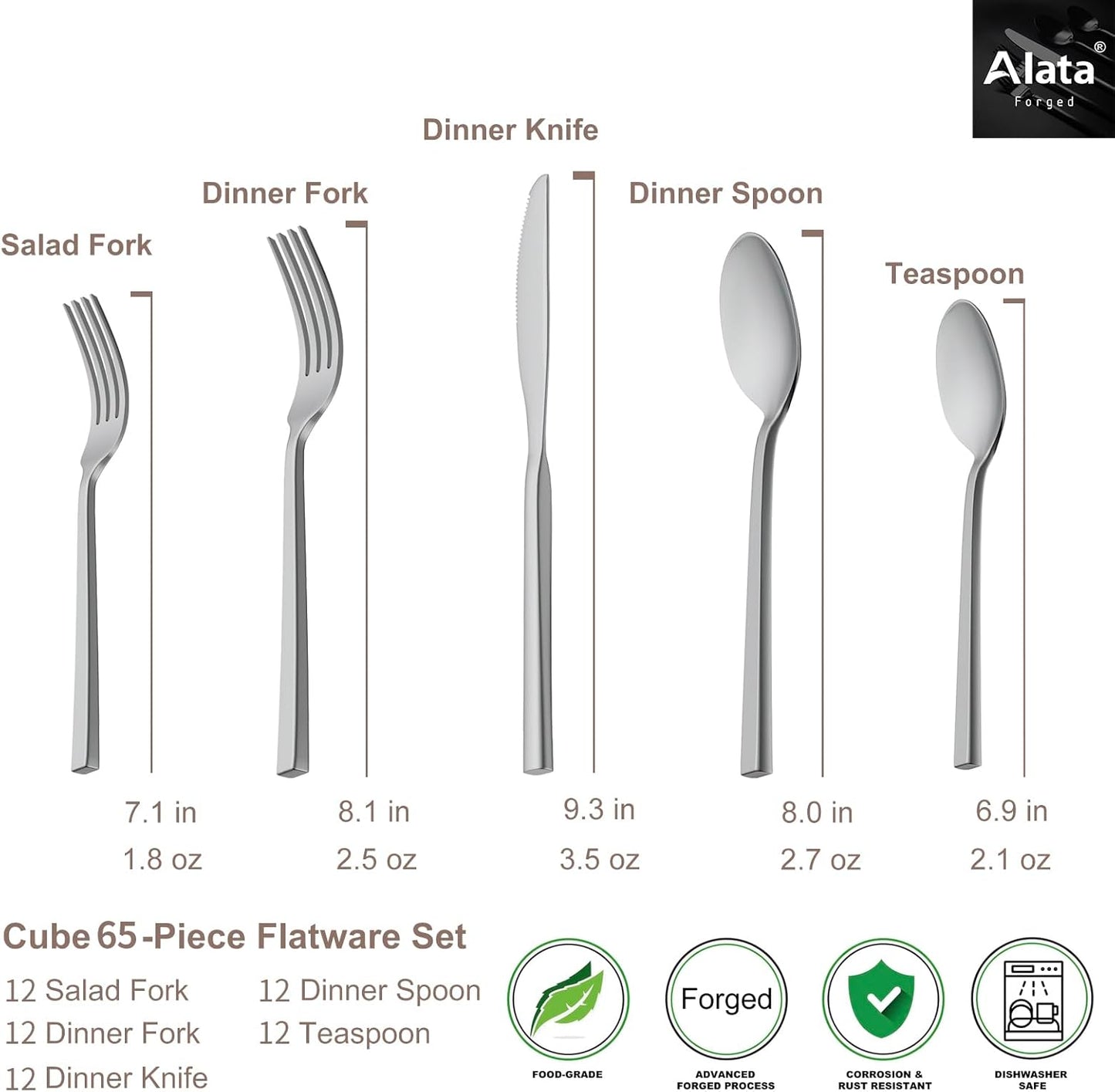 Alata Cube 65-Piece Forged Stainless Steel Flatware Set Cutlery Set with Utensil-Serving Set, Silverware Set Service for 12, Mirror Finish, Dishwasher Safe