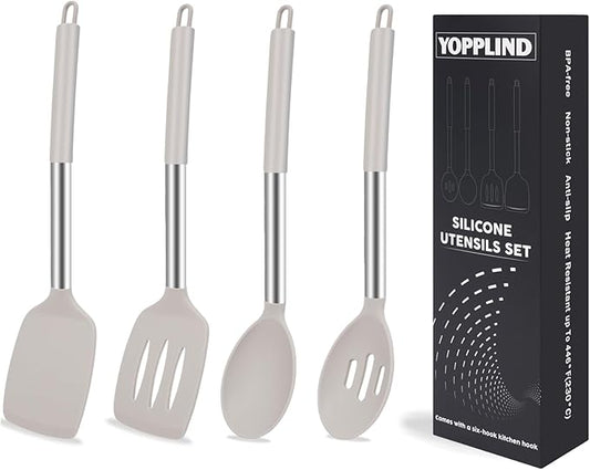 5-Piece Silicone Kitchen Tool Set, BPA-Free, Heat-Resistant, Non-Stick & Dishwasher-Safe, with Slotted/Solid Spoons & Spatulas for Frying, Mixing, Draining – Includes Multi-Purpose Serving Hook(Khaki)
