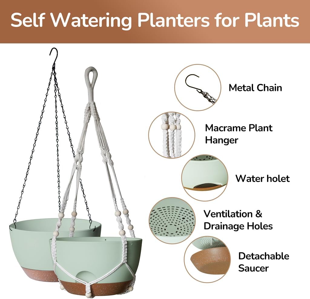 12 Inch Hanging Baskets for Plants Outdoor, Hanging Planters for Indoor Outdoor Plants, Hanging Planter with Self Watering, Hanging Flower Pots (Green Planter with Macrame + Iron Hangers)