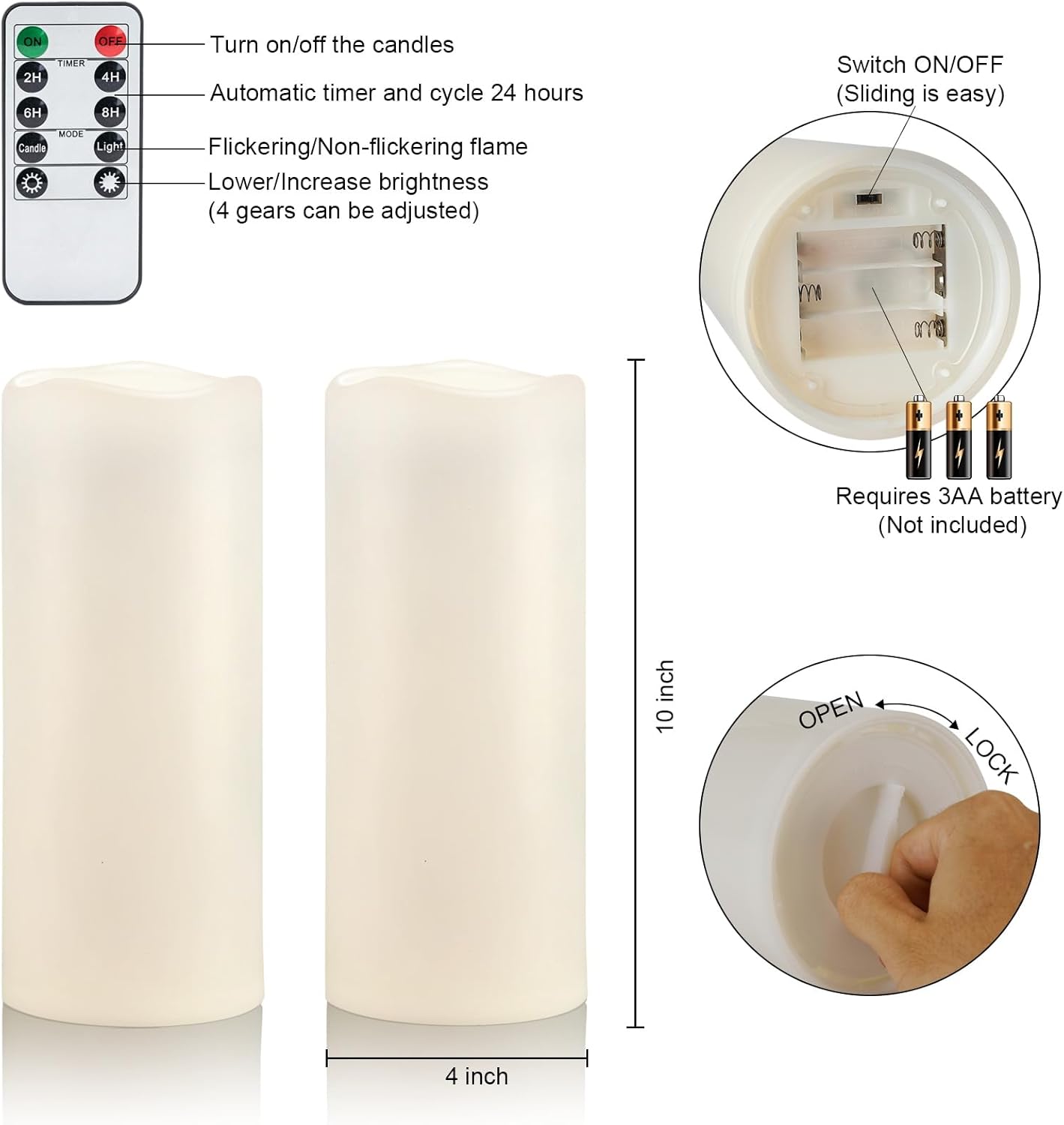 Amagic 2 Pack 10" x 4" Outdoor Plastic Electric flameless Candles with Remote Control and Timer, Battery Operated Flickering LED Pillar Fake Candle for Home, Wedding Decor, Ivory