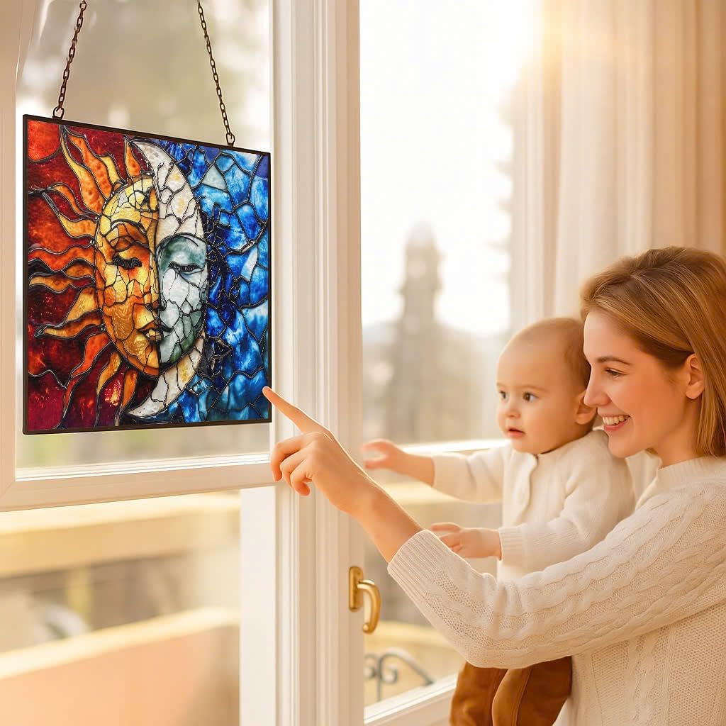 Rectangle Sun and Moon Stained Glass Suncatcher Window Hangings, Suncatchers Colorful Glass Panel Sun Catchers Gifts, Decoration for Home Garden Christmas Party Wedding