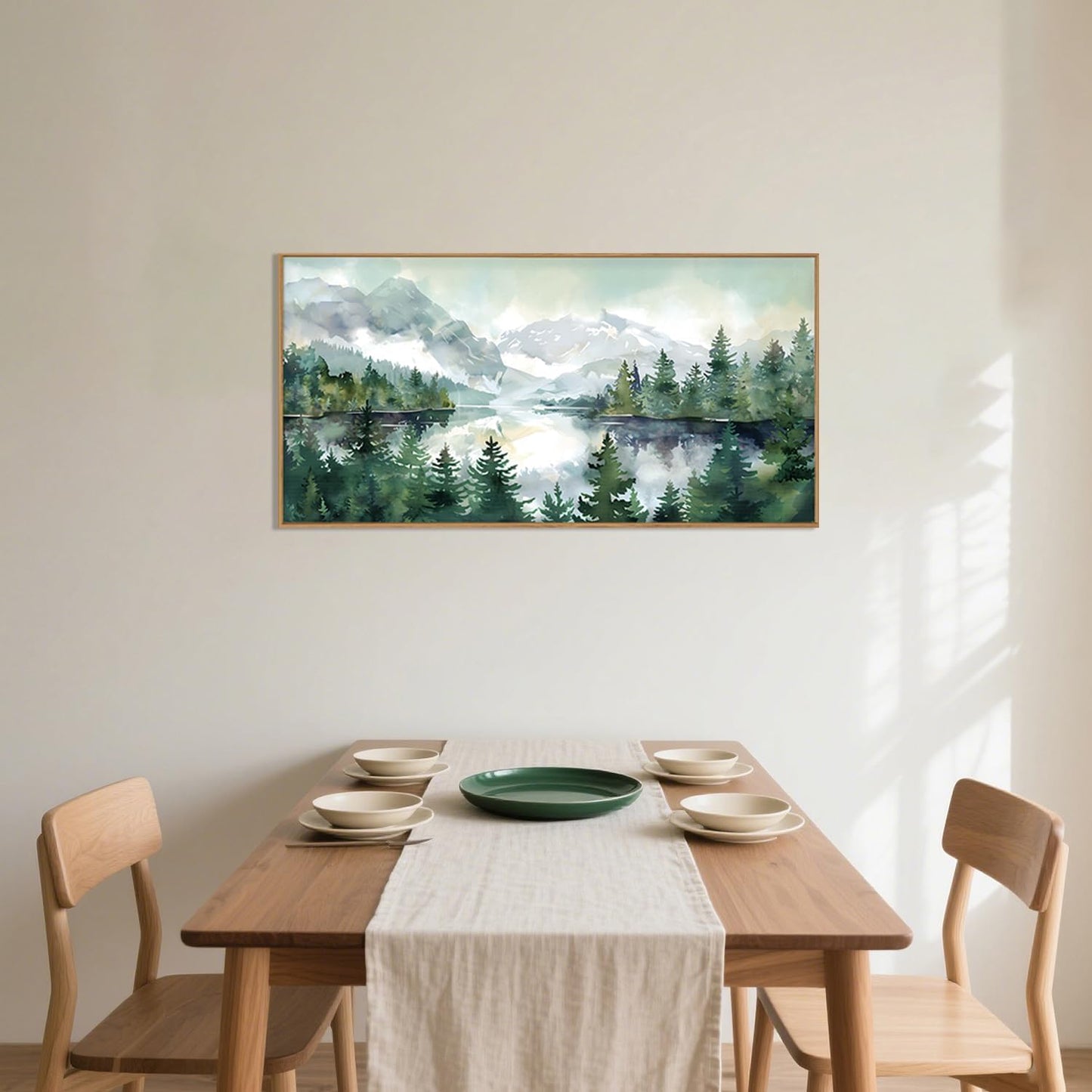 Celestdeco Watercolor Mountain Framed Canvas Wall Art Set, Boho Forest Wall Decor, Nature Green Pines Wall Painting, Forest Wilderness Artwork for Living Room, Bedroom, Dining Room, Office - 20"x40"x1