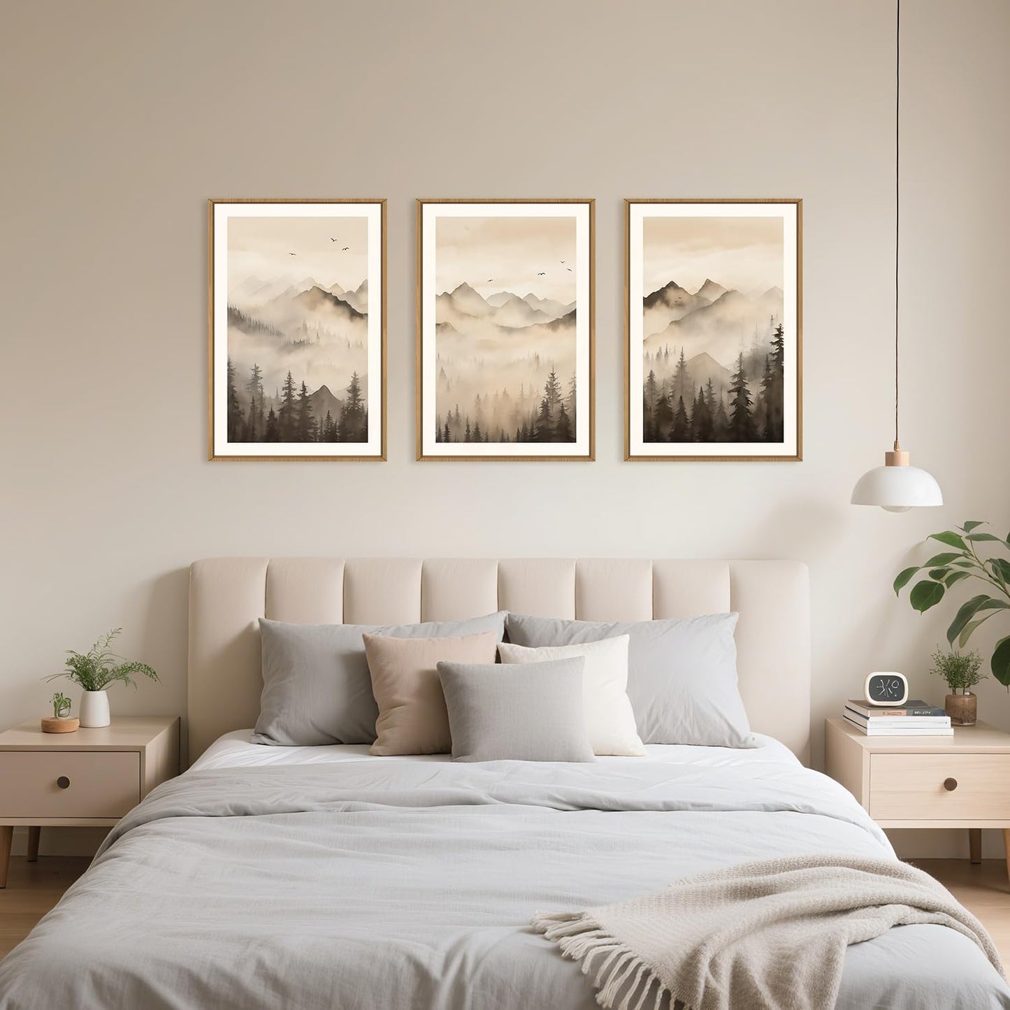 Celestdeco Nature Misty Forest Framed Canvas Wall Art Set, Foggy Landscape Wall Decor, Watercolor Pine Tree Wall Painting, Large Mountains Art Print for Living Room, Bedroom, Office - 16"X24"X3