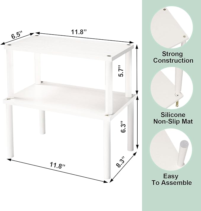 Cabinet Organizer Shelf(Set of 2),Kitchen Counter Shelves,Bamboo Spice Rack Countertop and Cabinet,Stackable Expandable,Medium,(White)