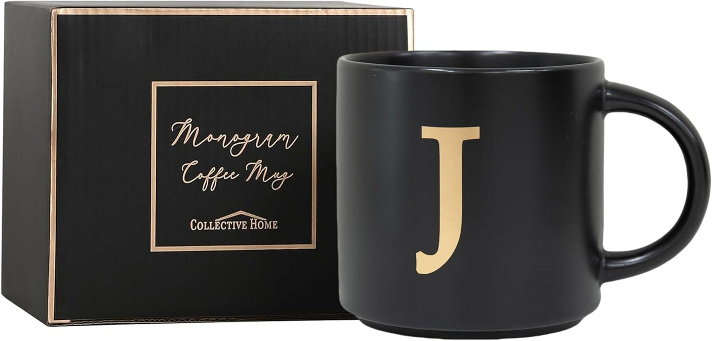 COLLECTIVE HOME - Monogram Ceramic Mugs, 15 oz Golden Initial Black Coffee Cups, Elegant Alphabet Tea Mugs, Elegant Personalized Mug with Gift Box, Unique Mug with Double Side Capital Lette (J)