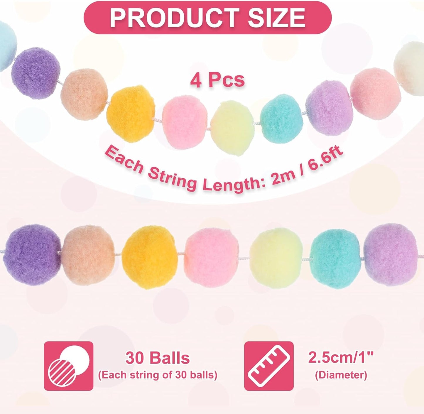 PATIKIL 26Ft Pom Pom Garland Decorations, 4Pcs Colorful Felt Ball Garland Banner Cute Rainbow Pompom Hanging Decorations for Tree Ornaments Homes Decor, 10 Colors