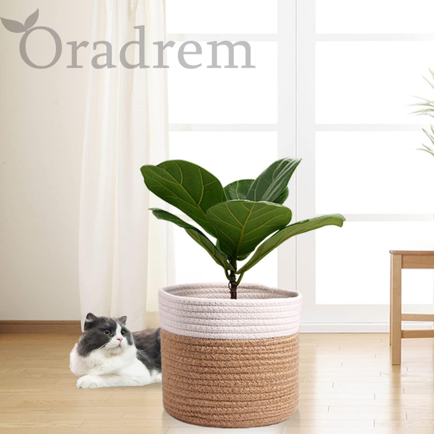 11" Cotton Rope Plant Basket Modern Woven Baskets for 10" Flower Pot Floor Indoor Planters,Storage Organizer Baskets Home Decor,Brown White 11"x 11"