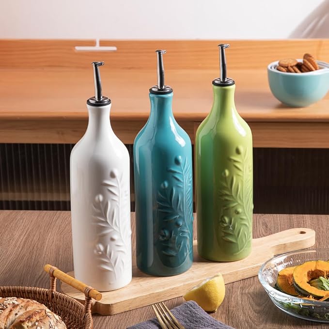 Sweejar Large Olive Oil Dispenser Bottle with Spout, 24 Oz Ceramic Oil Dispenser for Kitchen, Relief Opaque Oil Cruet, Oil Container for Cooking, EVOO, Avocado Oil, Vinegar, Pack of 1(Gradient Green)