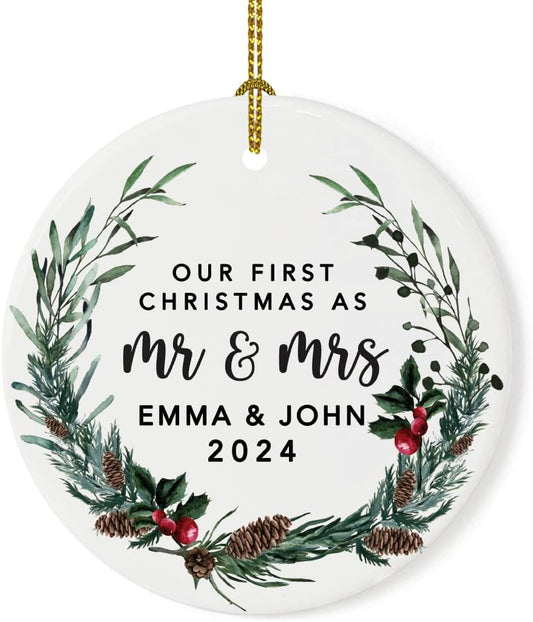 Andaz Press Personalized Our First Christmas As Mr. & Mrs. 2024 Christmas Ornaments Holly & Pinecone Wreath 2.8" Round Porcelain Ceramic 1St Year Married Custom First Christmas Married Ornament 1-Pack
