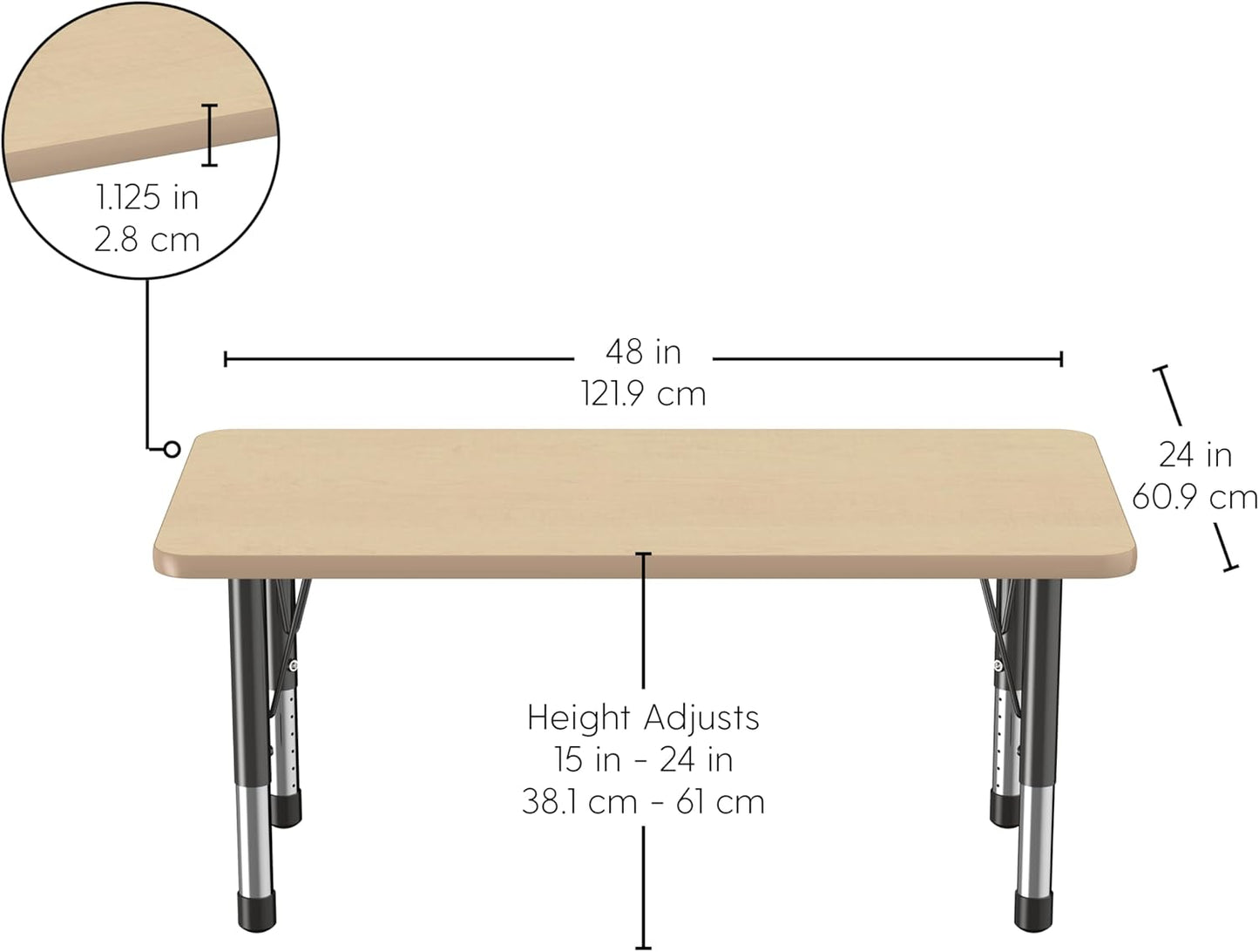 FDP Rectangle Activity School and Kids Classroom Table (24 x 48 inch), Toddler Legs, Adjustable Height 15-24 inches - Maple Top and Maple Edge
