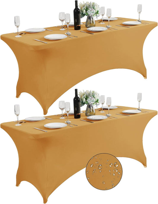 SuperO 2Pack Waterproof Spandex Table Cover for 6FT Table Universal Fitted Stretch Tablecloth for Party, Banquet, Wedding and Events-Gold