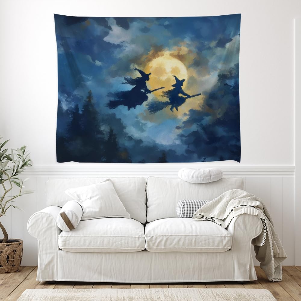 Spooky Halloween Witch Tapestry Wall Hanging Dark Fantasy Night Sky Aesthetic Print Flying Witches Under Full Moon Tapestries Horror Ghost Halloween Party Decor for Living Room Bedroom 50x60inch