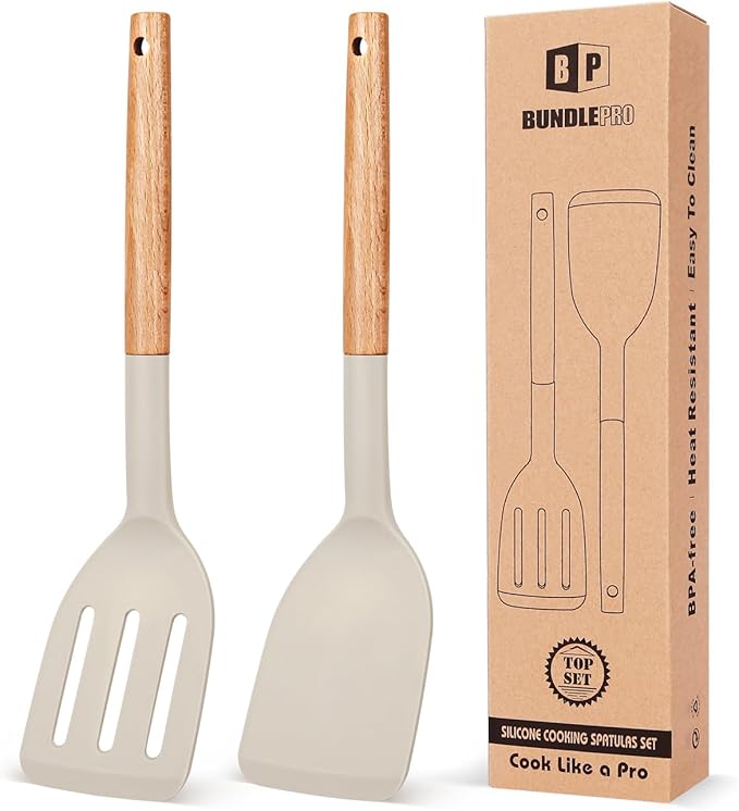 Pack of 2 Silicone Cooking Spatula, Heat Resistant Solid Turner, Non Stick Slotted Spatulas with Wooden Short Handle,Ideal Wood Kitchen Utensils Set for Frying, Baking, Flipping, Turning