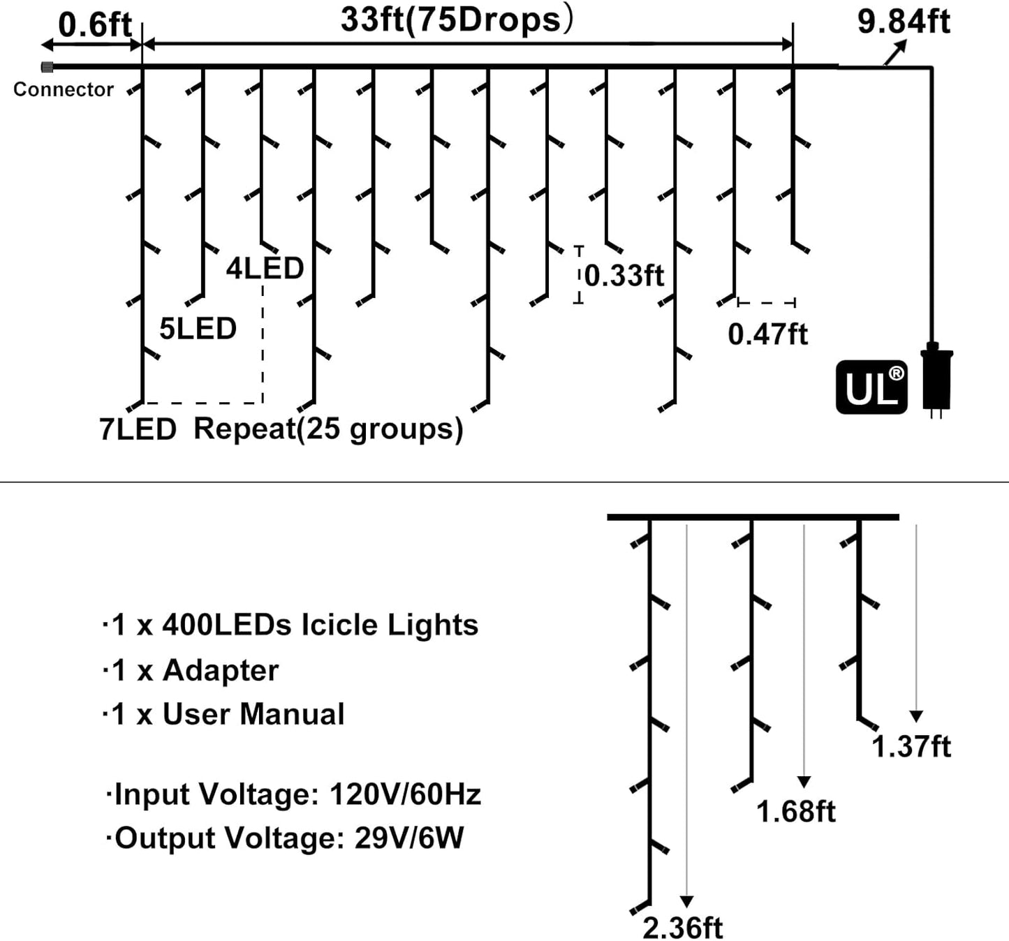 33ft 400LED Icicle Lights for Outside, Blue Christmas Lights for House Patio Yard Porch Backyard Holiday Garden Xmas Exterior Decoration, Waterproof Twinkle Cluster Light Hanging Light All Year