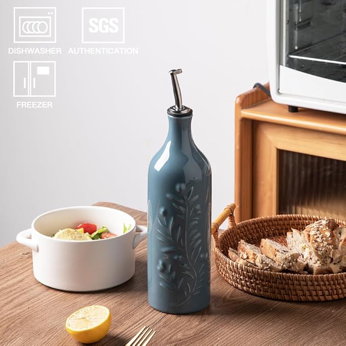 Sweejar Large Olive Oil Dispenser Bottle with Spout, 24 Oz Ceramic Oil Dispenser for Kitchen, Relief Opaque Oil Cruet, Oil Container for Cooking, EVOO, Avocado Oil, Vinegar, Pack of 1(Fog Blue)