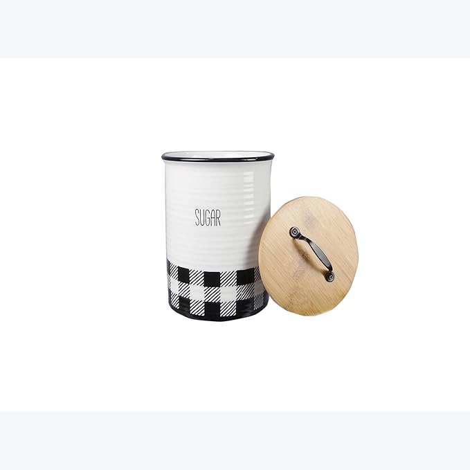 Young's Inc. 4 Pcs Set Plaid with Bamboo Lids Ceramic Canisters- Storage Container for Kitchen and Bathroom - Beautiful Home Decor Accent to Store Food, Coffee, Tea, and More - Black, White