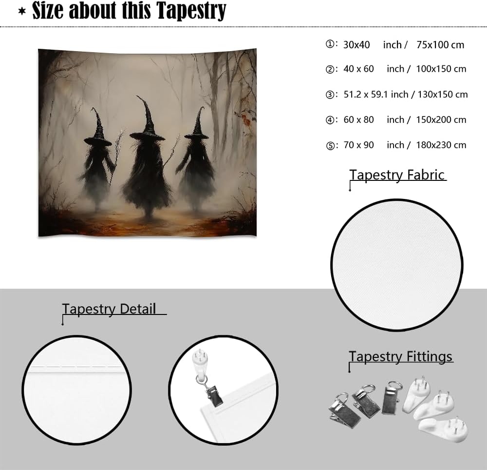 Witchy Halloween Tapestry Wall Hanging Vintage Spooky Witch Room Print Dark Academia Autumn Forest Three Witches Tapestries Decor for Halloween Living Room Bedroom Decoration 60x80inch