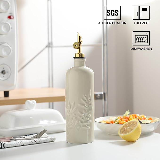 Sweejar 18 Oz Oil Dispenser for Kitchen with Gravity Spout, Ceramic Olive Oil Dispenser Bottle, Relief Opaque Vinegar Container for Evoo, Vinegar, Soy Sauce, Pack of 1(Beige, Gold Spout)