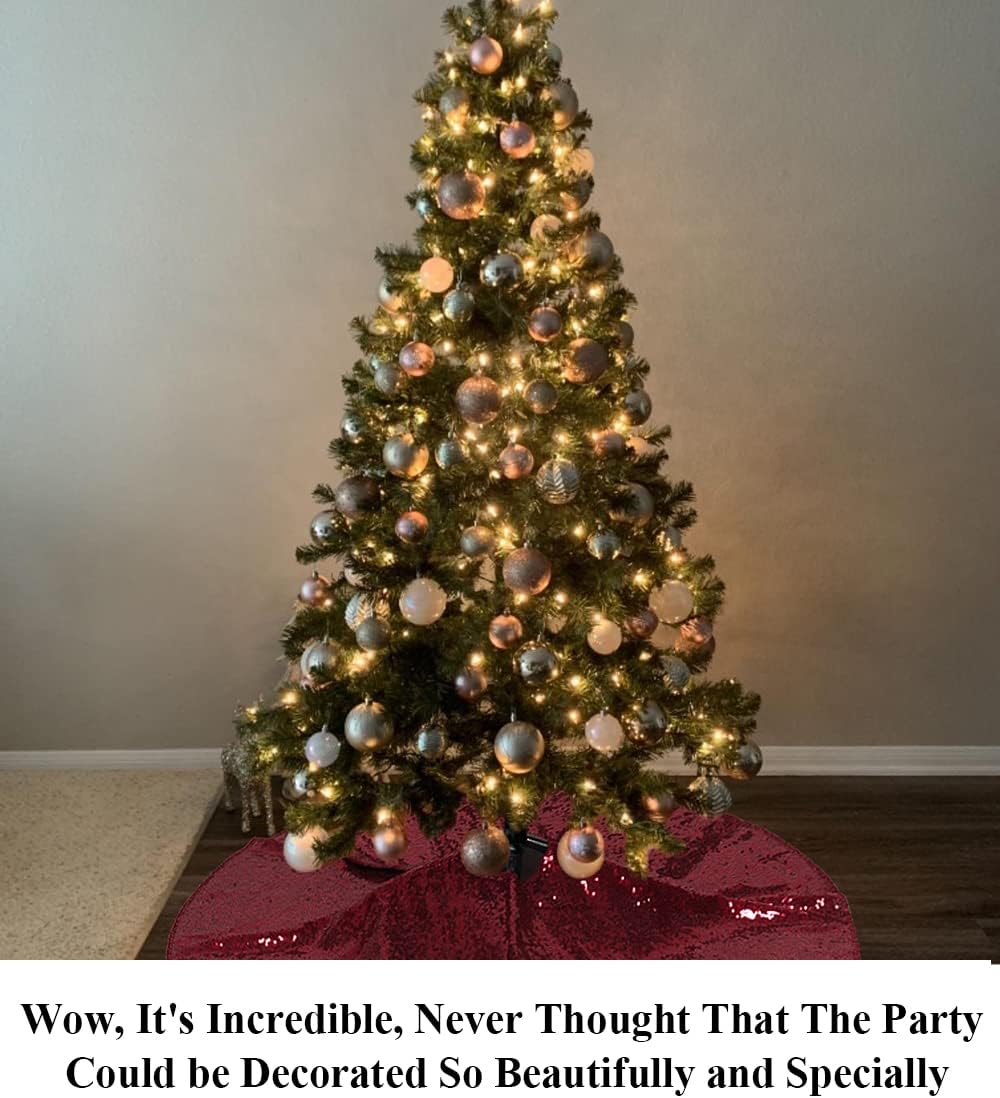 Partisout 24-inch Burgundy Sequin Christmas Tree Skirt - Sparkle & Shine Rustic Xmas Tree Skirt for Party, Wedding, and Holiday Decor
