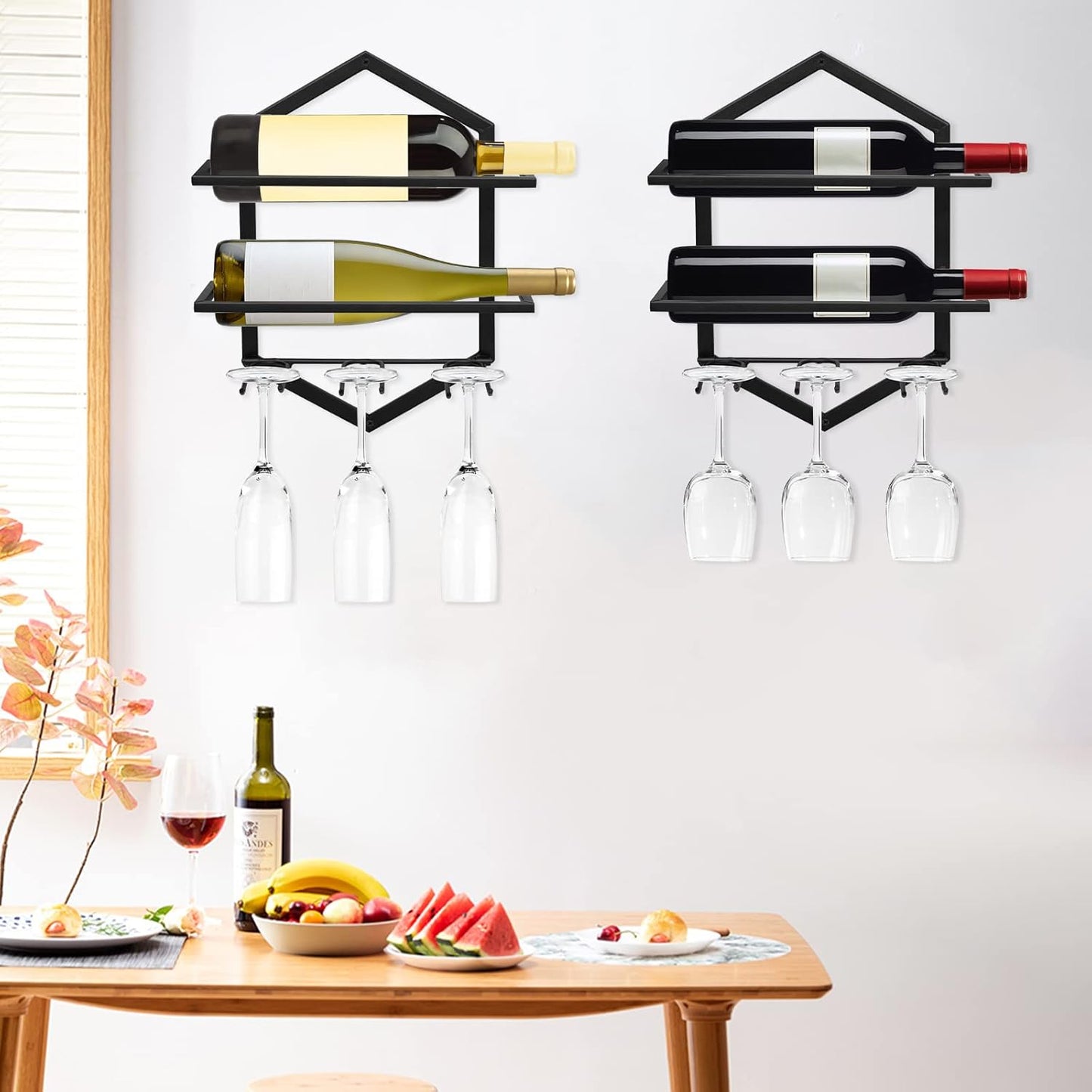Wall Mounted Wine Stemware Rack, Metal Hanging Wine Glass Display Holde Holds 3 Cups 2 Bottles, Elegant Storage for Kitchen Dining Room Bar Wine Cellar (Black 2)