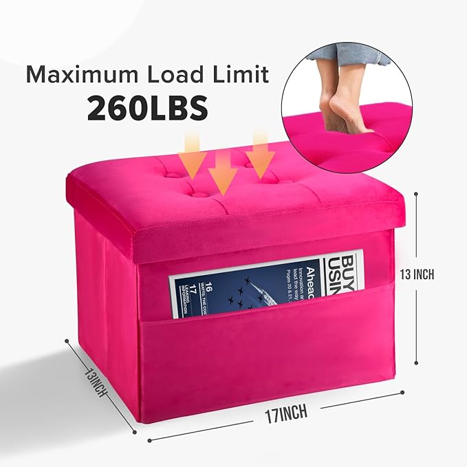 LINMAGCO Storage Ottoman Folding Foot Stool Foot Rest with Side Pocket Modern Ottoman with Storage Short Sofa Stool Velvet 17x13x13(ROSEO)