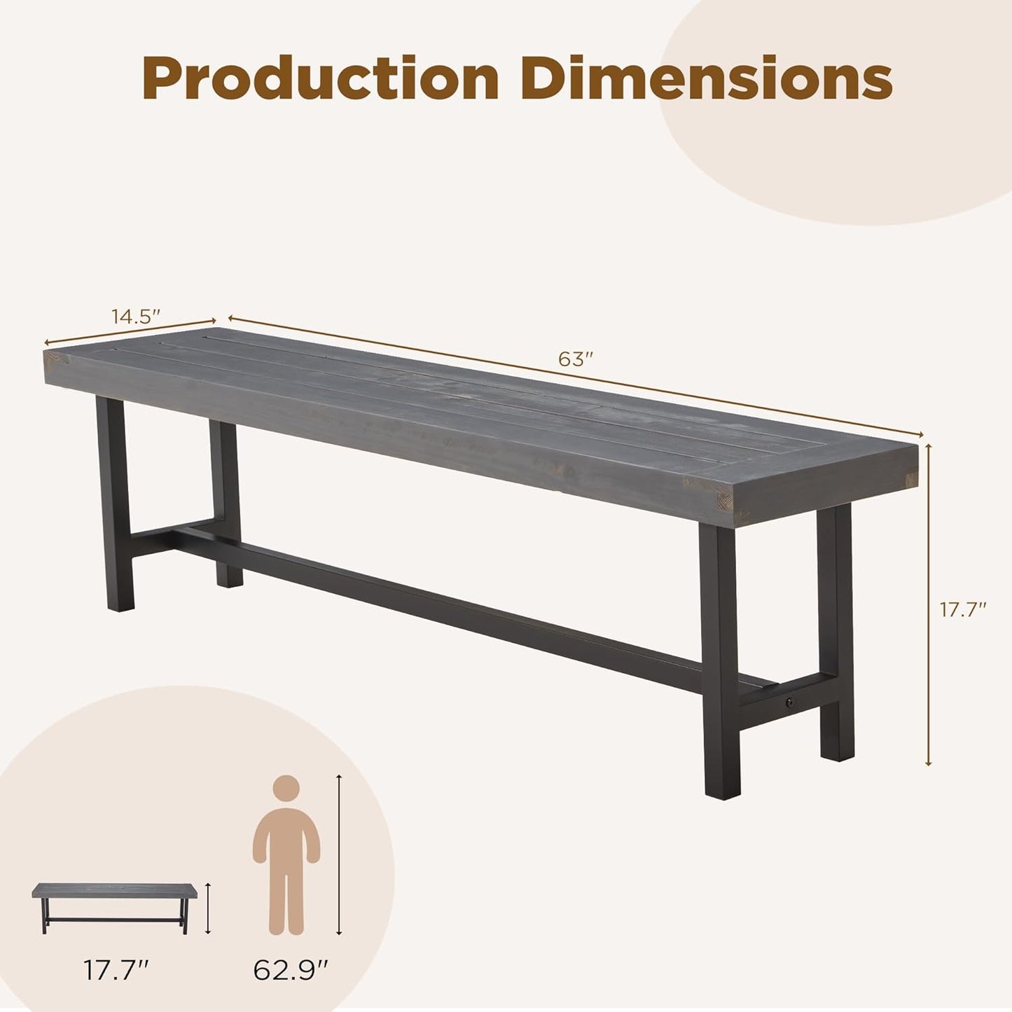 AVAWING Outdoor Wood Benches Set of 2, 63" Patio Wooden Picnic Bench for 6 Persons, Rectangular Bench for Porch, Balcony and Deck,Grey