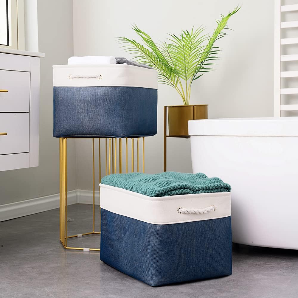 TcaFmac Organization and Storage Basket for Gifts Empty - 16x12x12 inch Large 2 Pack Collapsible Storage Bins for Shelves, Fabric Storage Cubes for Organizing Cloth Toy Kids (White & Jean Blue)