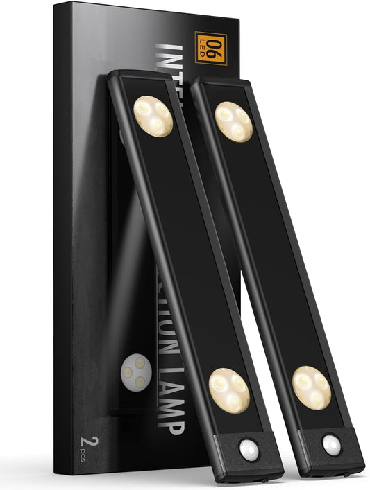 Under Cabinet Lights, Wireless Motion Sensor Light Indoor, Black 10in LED warm Lighting Rechargeable Battery Operated,4 Modes Night Light, Stick-On Magnetic Closet Lights for Kitchen, Hallway(2 Pack)