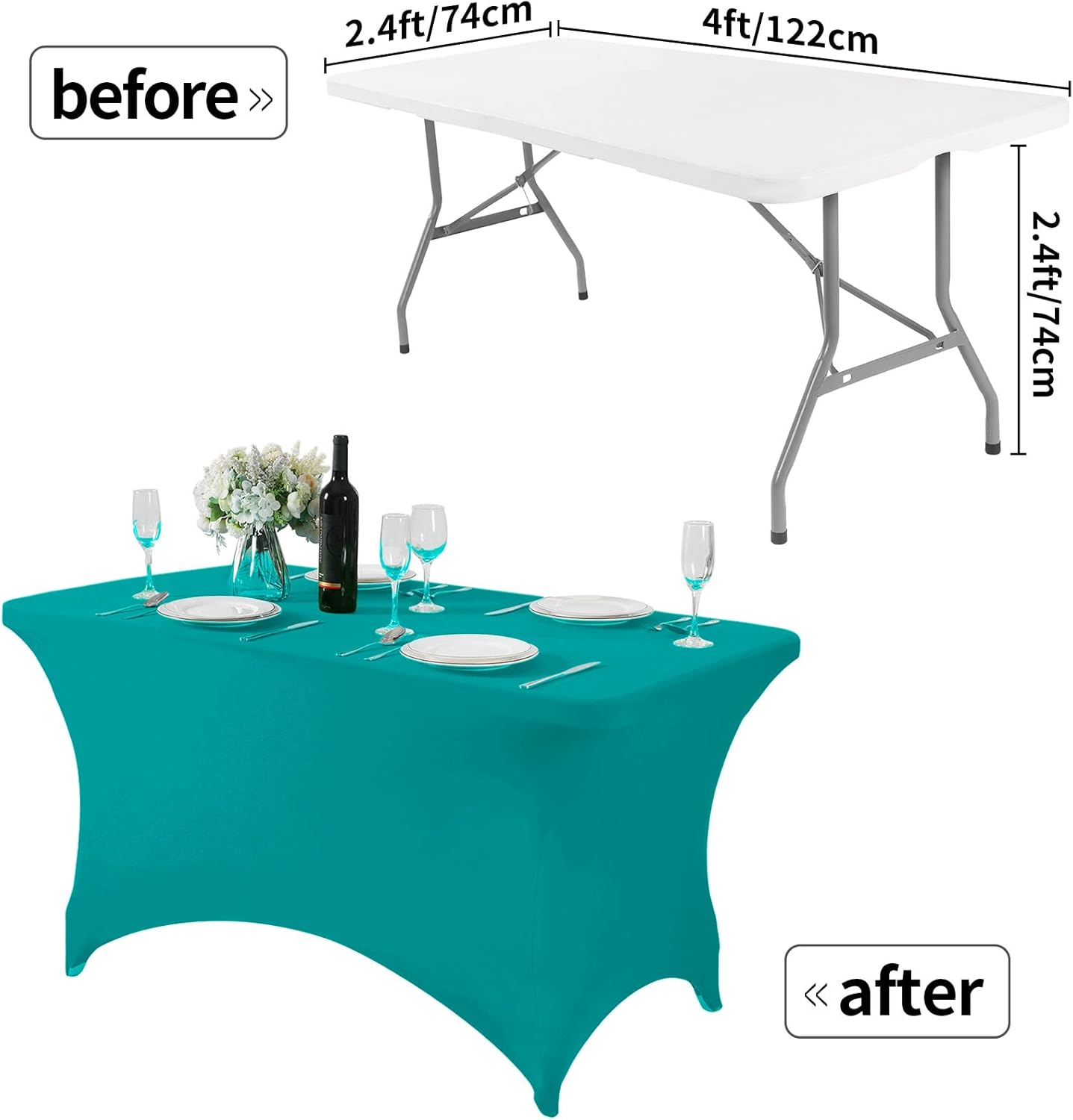 2Pack Spandex Table Cover for 4FT or 6ft or 9ft Table Universal Fitted Stretch Tablecloth for Party, Banquet, Wedding and Events-Turquoise