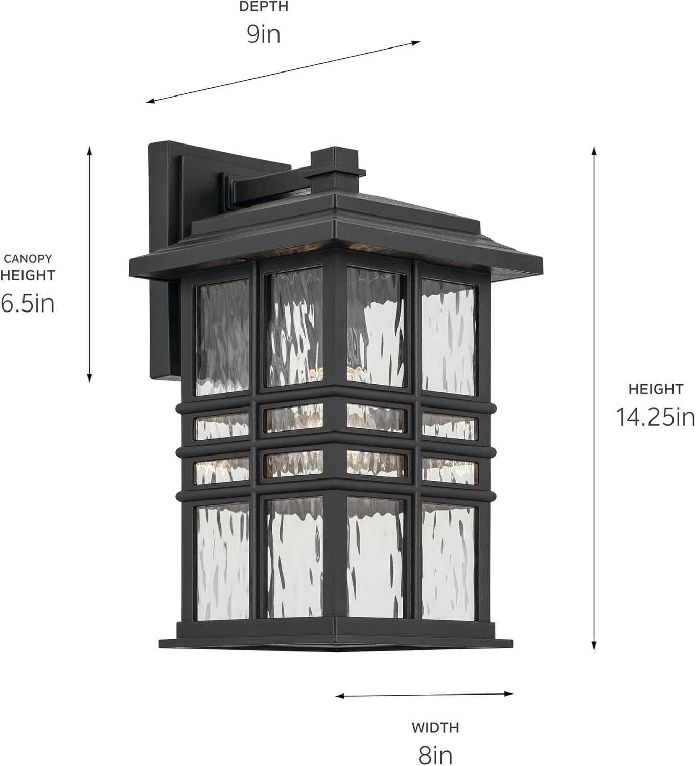 KICHLER Beacon Square 14.25" 1-Light Outdoor Wall Light with Clear Hammered Glass in Textured Black, for Exterior Doors, Garage, Porch, or Patio (14.25" x 8"), 49830BKT