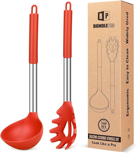 Silicone Pasta Fork and Ladle Spoon Set, Large Non Stick Kitchen Utensils for Cooking,Stirring,Serving Spaghetti, Soup, Sauce (RED)