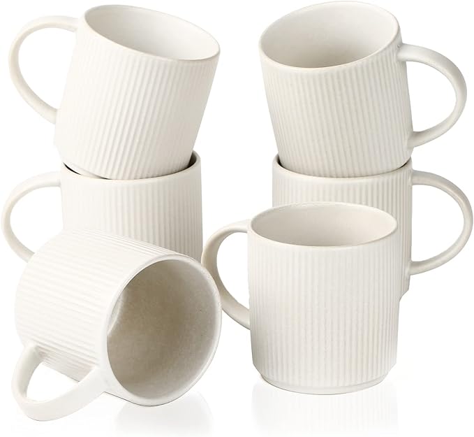 famiware Coffee Mug Set for 6, Star 12 oz Catering Mugs Cup Set with Handle for Coffee, Tea, Cocoa, Milk - Ceramic Stoneware Drinkware Set, Matte White