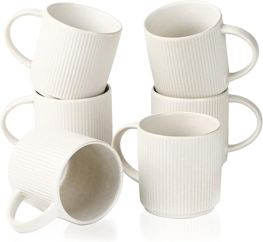 famiware Coffee Mug Set for 6, Star 12 oz Catering Mugs Cup Set with Handle for Coffee, Tea, Cocoa, Milk - Ceramic Stoneware Drinkware Set, Matte White