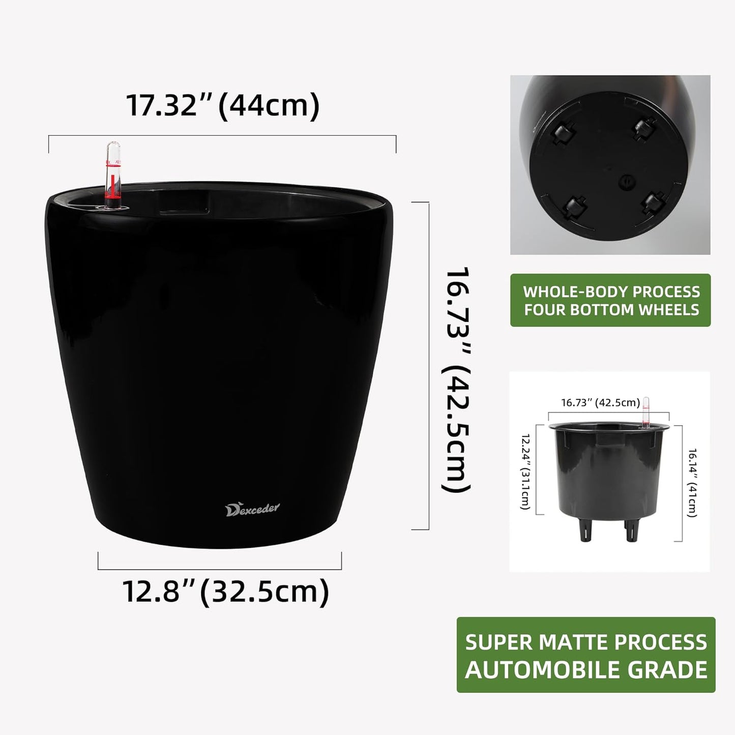 Dexceder 18x17 Self Watering Planter with Wheels Indoor Outdoor, Inner Pot Design, Thickened Large Floor Standing Flower Plant Pot with Water Level Indicator (Black Matte)