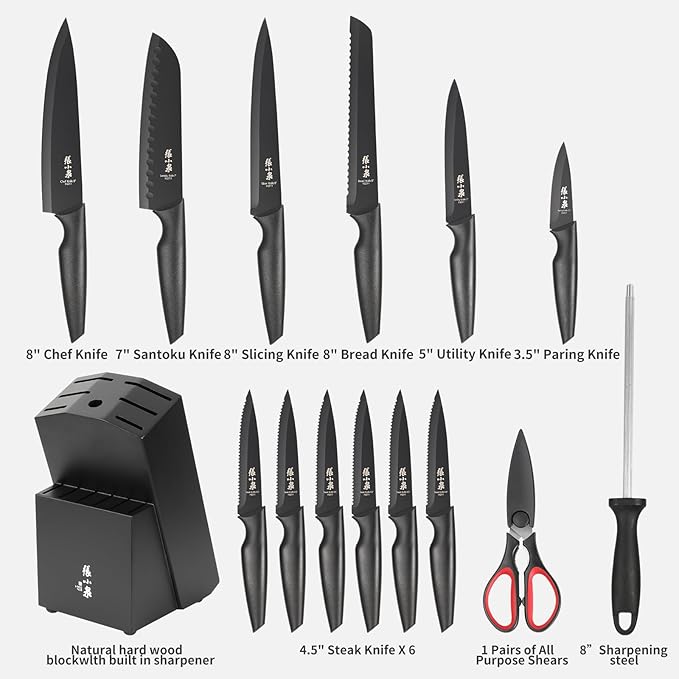 Zhang Xiao Quan Since 1628 15-Piece Kitchen Knife Block Set with Sharpening Steel Knive Set Ergonomic Handle Dishwasher Safe(Black)