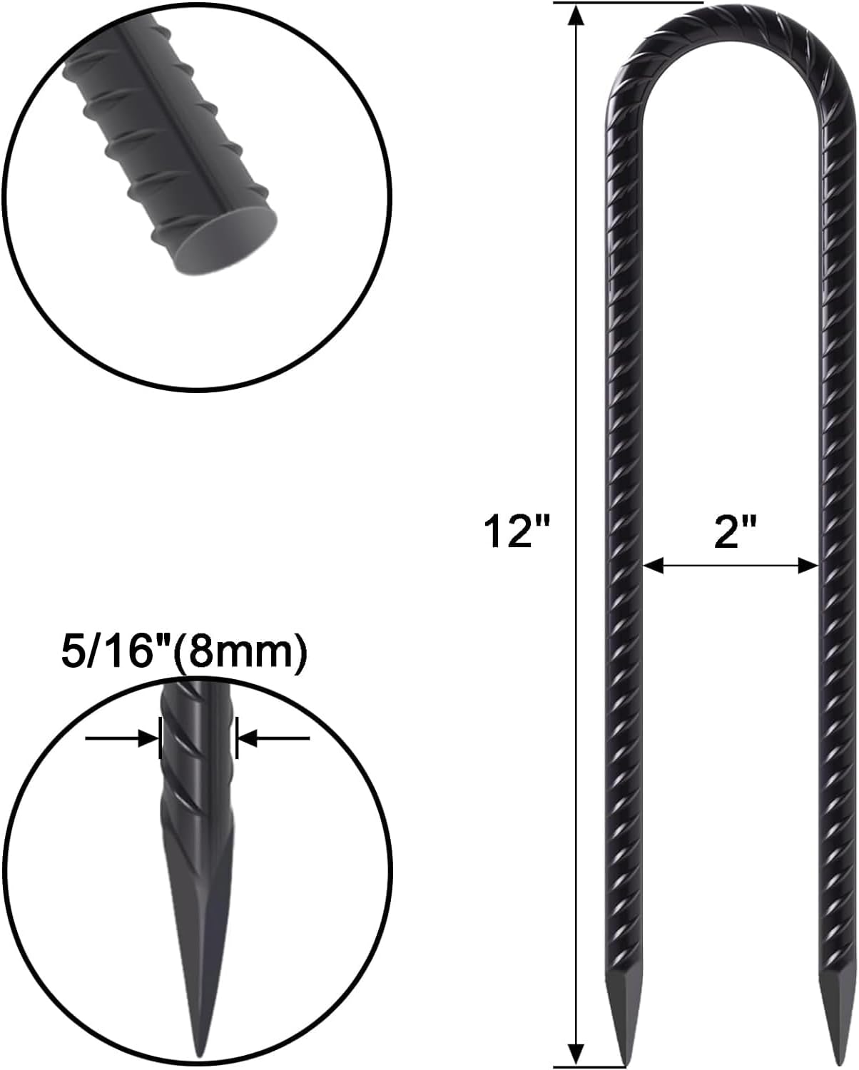 VVOKGO Trampoline Stakes 12 Inches Anchors High Wind Heavy Duty, 8-Pack U Shaped Tie Down Anchor Kit for Ground, Camping Tent, Soccer Net, Swing Set, Black