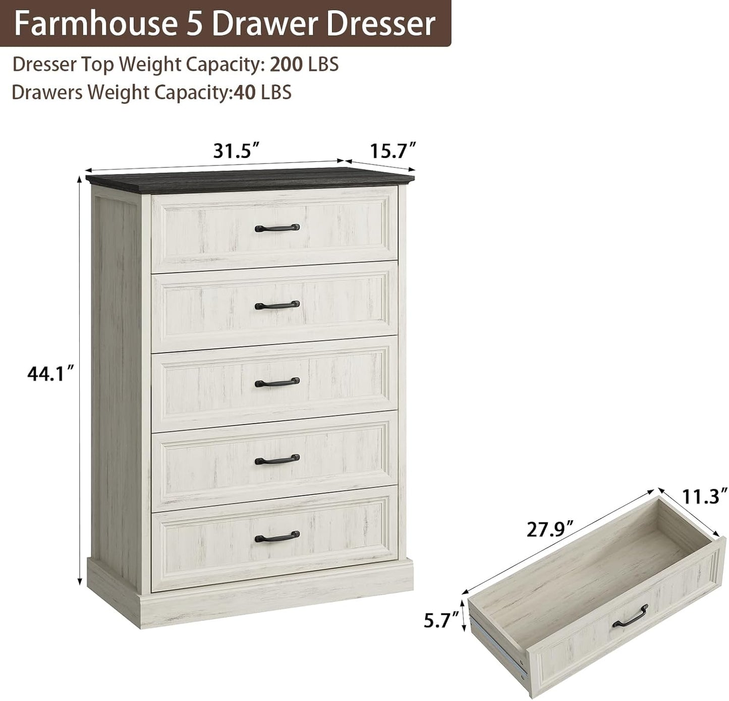 Farmhouse 5 Drawers Dresser for Bedroom, 44" Tall White Dresser Wood Rustic Chest of Drawers with Wide Metal Handle,Natural Texture,Drawer Organizer for Bedroom,Living Room,Hallway and Entryway