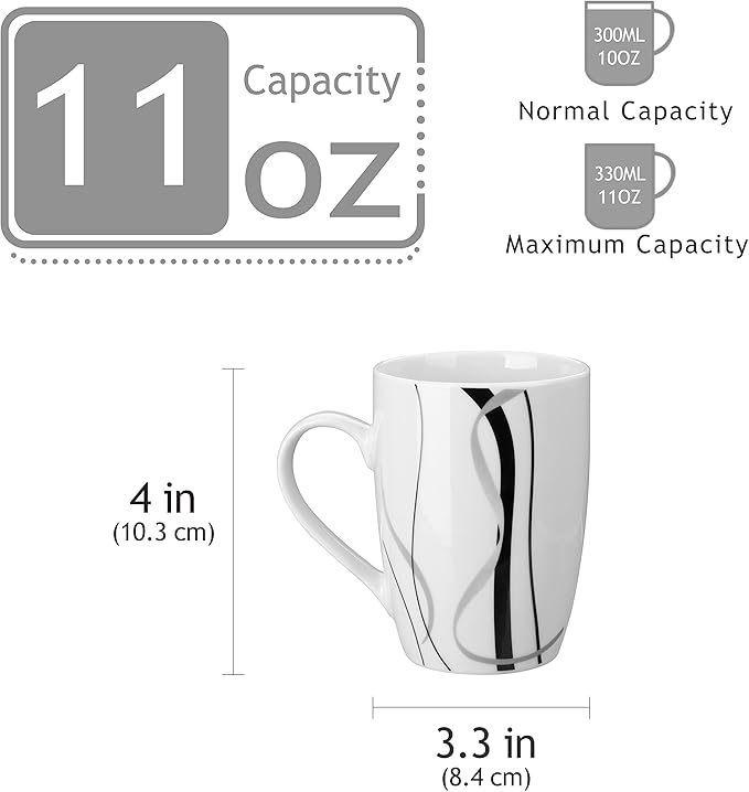 VEWEET Ceramic Coffee Mugs Set of 6, 11 OZ Coffee Cups Set with Handle, White Mugs Set Porcelain Cup Set for Kitchen, Microwave Dishwasher Safe, Series Fiona