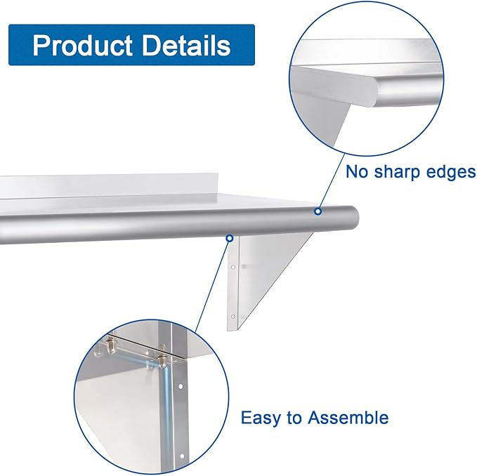 HARDURA Stainless Steel Shelf 18" x 24", 297lb Commercial Shelves Wall Mount Metal Shelving with Backsplash and Brackets for Kitchen, Restaurant, Laundry Room and Home