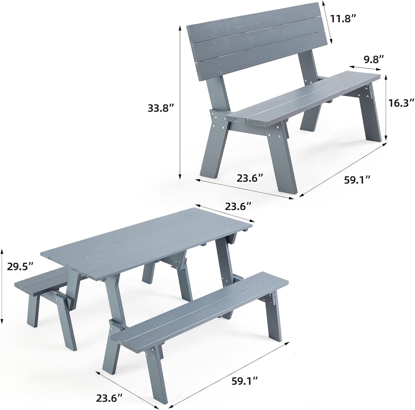 AVAWING Outdoor Convertible Wood Bench with Backrest, Patio Wood Convert a Bench, Space-Saving 2-in-1 Picnic Table Chairs Set for Backyard, Porch, Patio, Garden, Grey