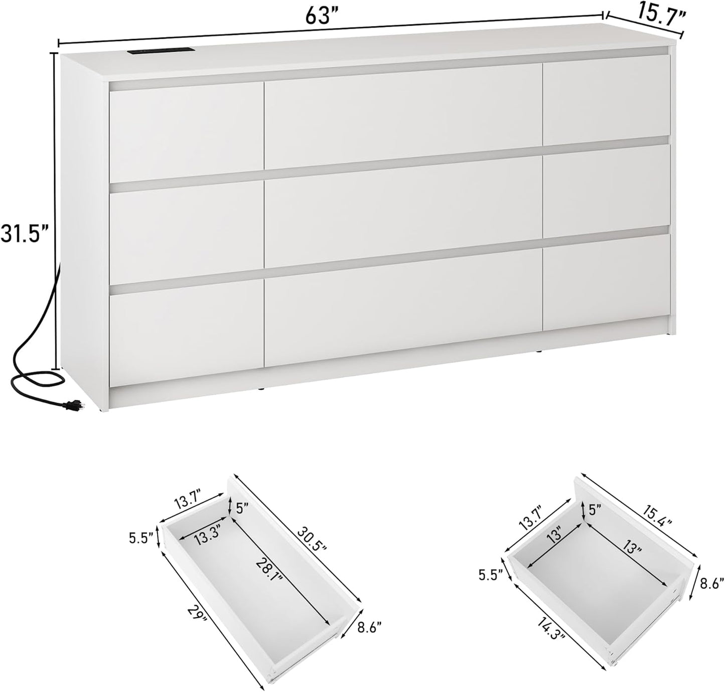 White Malm Dresser for Bedroom, 63 Inch Long 9 Drawers Dresser with Charging Station, Modern Large Wood Chest of Drawers Handle Free for Bedroom, Living Room, Entryway, Hallway, White
