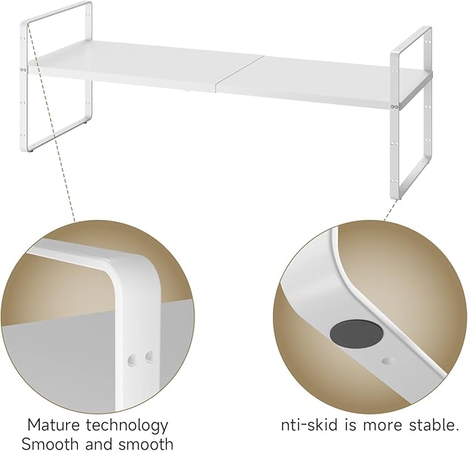 16.5~27.1" Expandable Shelf Organizer, 2Pack 10.2" Wide Stackable Cabinet Shelf Organizers, White Metal Sturdy Kitchen Counter Storage for Countertop, Adjustable Height Spice Rack