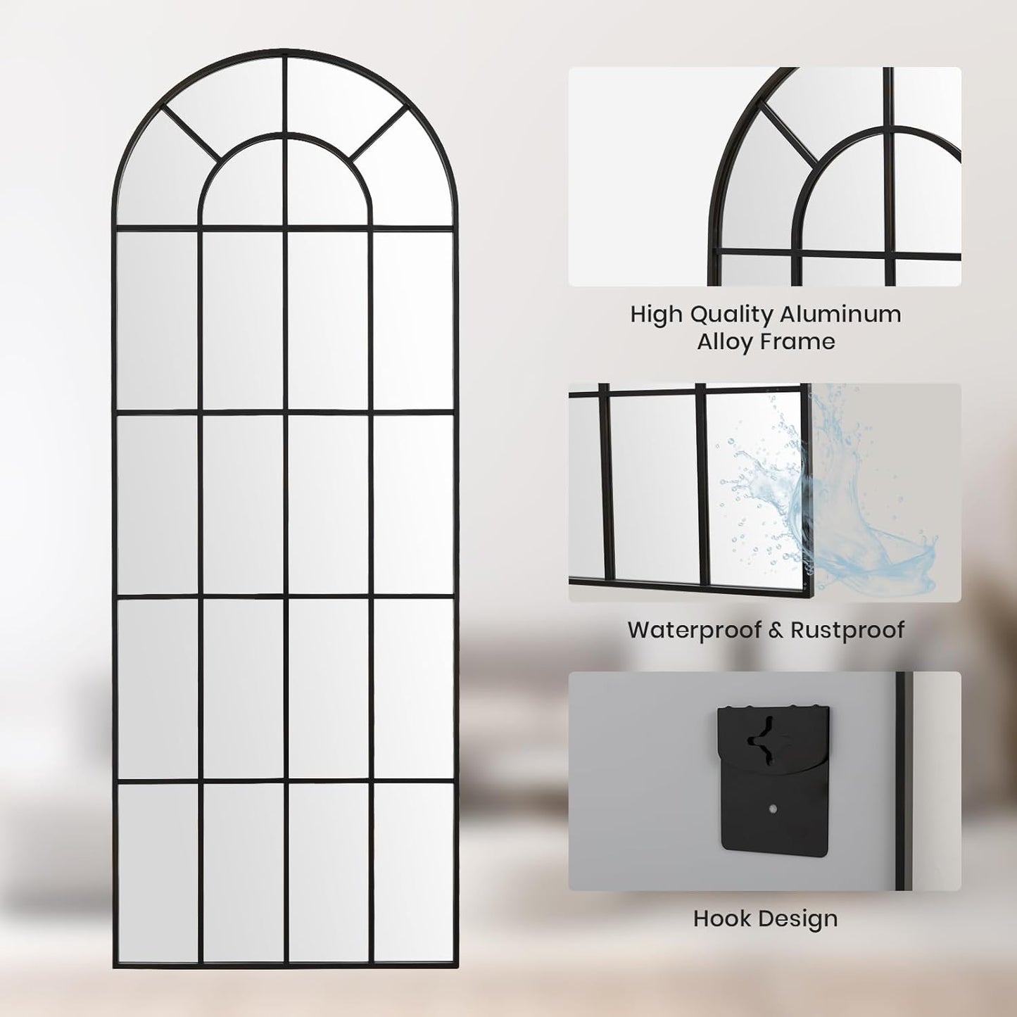 Arched Windowpane Mirror Full Length 71"x30" Wall Mounted Black Art Pane Farmhouse Decorative Floor Mirror Leaning Hanging Wall Mirror for Bedroom Living Room Entrance
