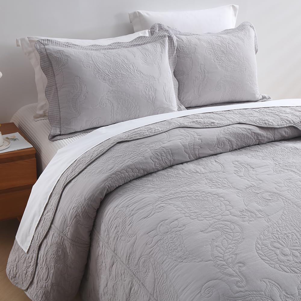 Cotton Bedspread Quilt Sets, Real Patchwork Bedding Sets with Luxury Floral Paisley Pattern, 3 Pieces Reversible Soft Lightweight Coverlet for All Season, Grey, King Size