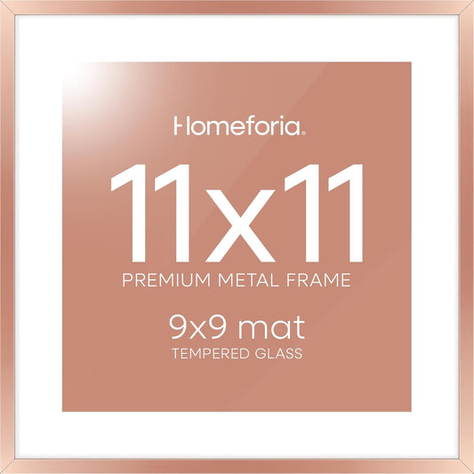 Homeforia 11x11 Rose Gold Picture Frame, High End Metal 11 by 11 Square Frames with Mat 9 x 9 Photo, 11by11 Poster Frame Matted to 9x9 inch Art, Wall Hanging Frames, Tempered Glass, Wall Kit, Set of 1