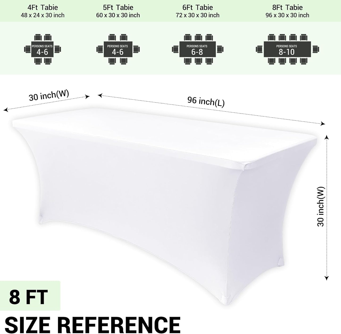 Obstal 8ft Stretch Spandex Table Cover - 4 Pack Universal Rectangular Fitted Tablecloth Protector for Wedding, Banquet and Party, White