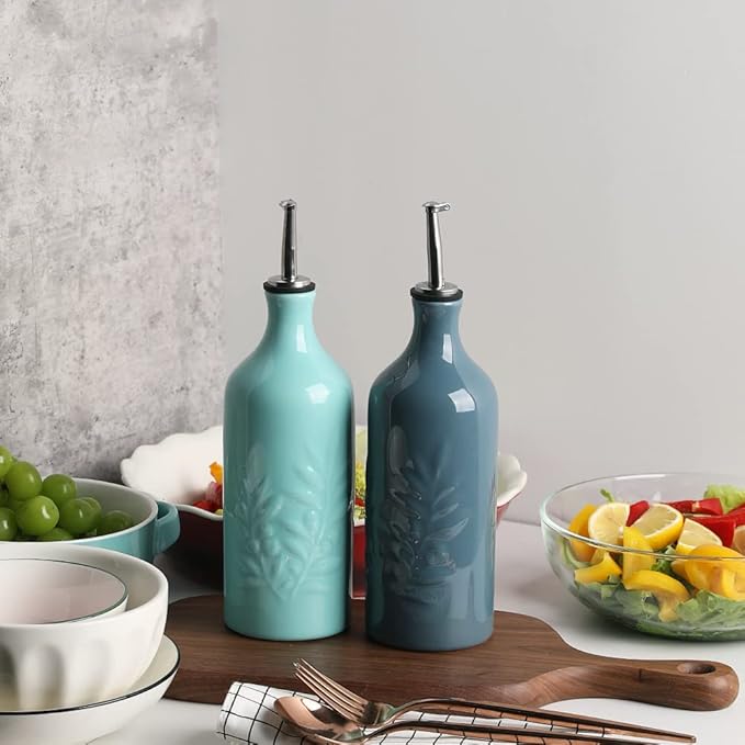 Sweejar Ceramic Olive Oil Dispenser Bottle, 20 Oz Relief Design EVOO Oil and Vinegar Dispensing Bottle with Spout for Kitchen, Set of 1 (Turquoise)
